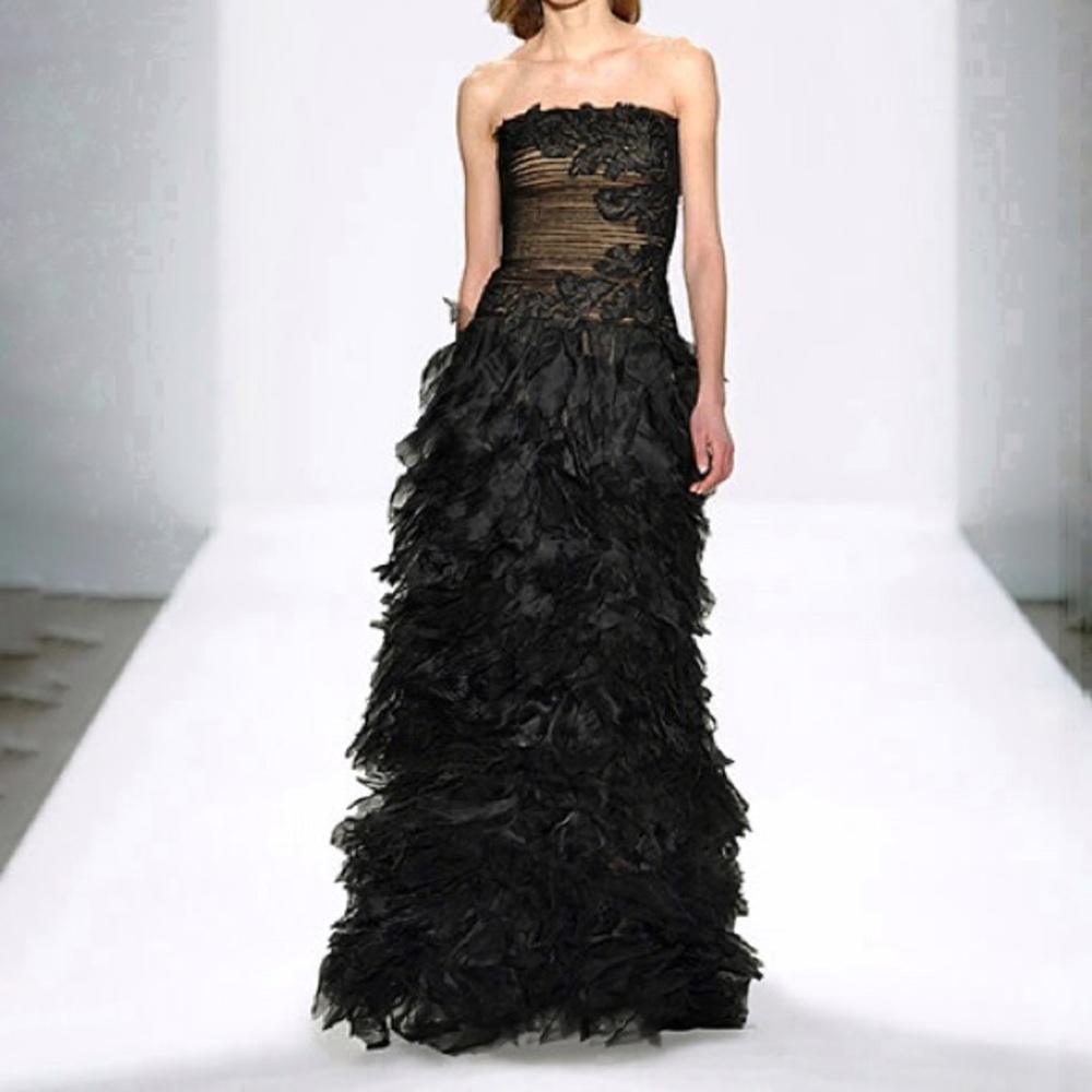 Tadashi Shoji Flamingo tulle feather gown